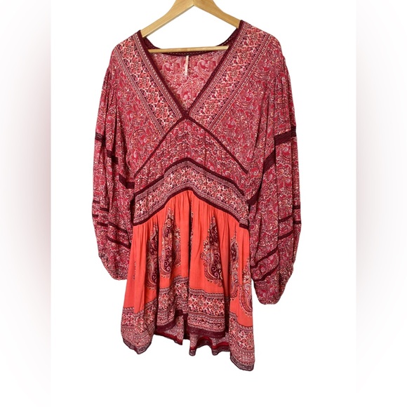 Free People Boho Dress Luna Scarf Print Red Coastal Cowgirl Balloon Sleeves XS - Picture 11 of 15